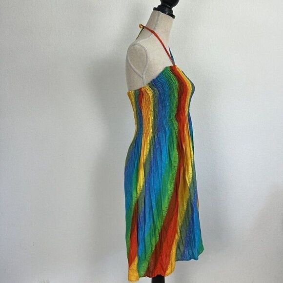 Vintage Women’s Rainbow Tie Dye Hippie Smocked Summer Mini Tube Top Dress OS - Picture 10 of 12